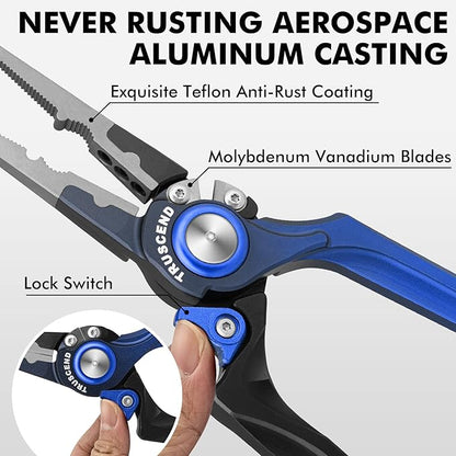 TRUSCEND Lockable Handy Fishing Pliers with Innovative Ergonomical Handle, Corrosion Saltwater Resistant Teflon Coated Fishing Tool, Multi-Function Fishing Gear with Mo-V Cutter, Fishing Gifts for Men