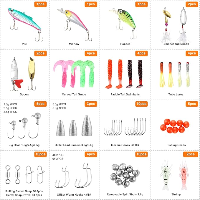 Fishing Lures Bait Tackle Kit Set for Freshwater Trout Bass Fishing, Including Accessories, Fishing Tackle Box, Crankbait, Spoon, Hooks, Fishing Gear and Equipment for Starter Beginner.