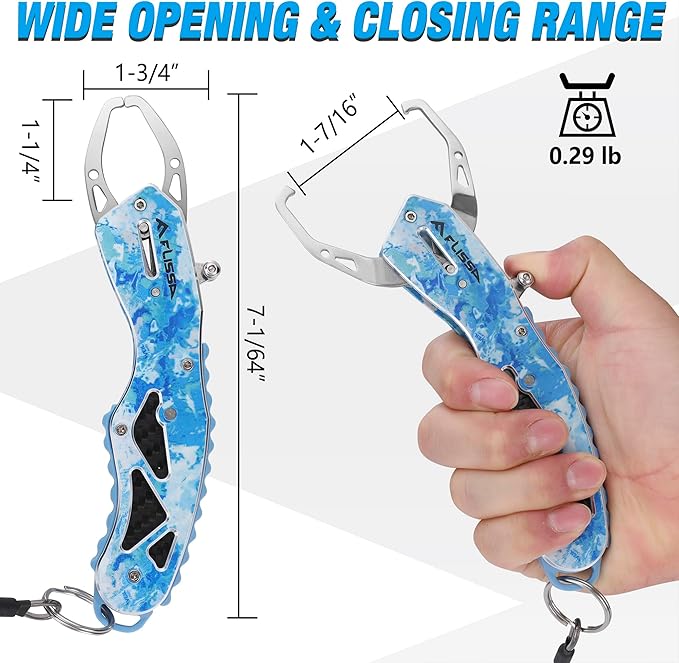 FLISSA Fish Gripper, Fish Lip Grip Tool with Carabiner and Spring Anti-Lost Rope, Durable Stainless Steel Fish Grabber Gripper, Lightweight Holder for Fishing, Corrosion Resistant & Portable