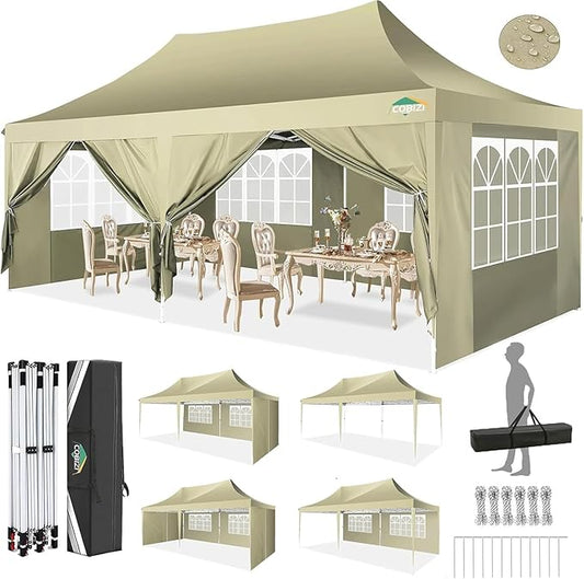 COBIZI 10x20 Pop Up Canopy Tent with Sidewalls,Party Tent Outdoor Gazebos, Waterproof & UV50+,3 Adjustable Heights,Higher Frame Design - Extra Tall for Parties Backyard,Weddings,Markets,(Khaki)