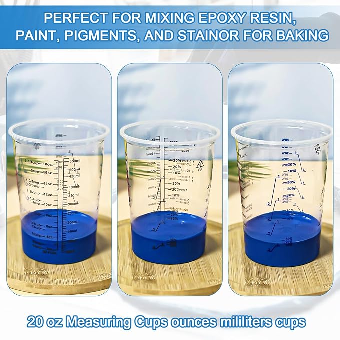 50 PACK Plastic Paint Mixing Cups, 20 oz (600ml) Disposable Liquid Measuring Cups with 50 Wooden Mixing Sticks, Measurement ratios: 2:1, 3:1, 4:1, Perfect for Epoxy Resin, Paint Mixing