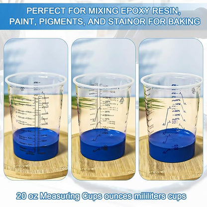 50 PACK Plastic Paint Mixing Cups, 20 oz (600ml) Disposable Liquid Measuring Cups with 50 Wooden Mixing Sticks, Measurement ratios: 2:1, 3:1, 4:1, Perfect for Epoxy Resin, Paint Mixing