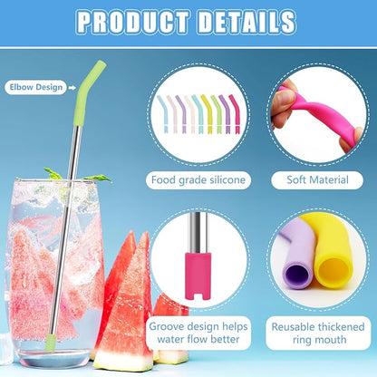 KEIFIN 18 Pcs 8mm 10mm Silicone Straw Tips with Bottom Sleeve Reusable Food Grade Rubber Straw Tips for Metal Glass Straws Replaceable Flex Toppers Elbow Covers for 8/10mm Outer Diameter Straws