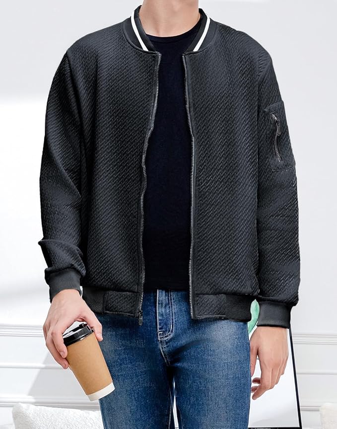 Mens Casual Jacket Loose Fit Lightweight Jacket Varsity Bomber Jacket with Zipper