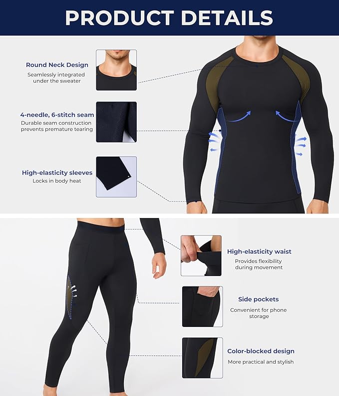 TAILONG Thermal Underwear for Men Long Johns with Fleece Lined Base Layer Hunting Gear Bottom Top for Cold Weather
