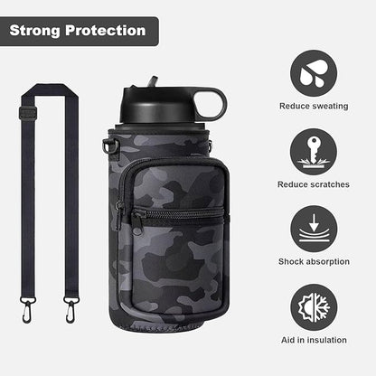 Insulated Water Bottle Holder Sling Bag with Phone Pocket, Adjustable Crossbody Strap for Walking, Hiking, Camping, Fishing