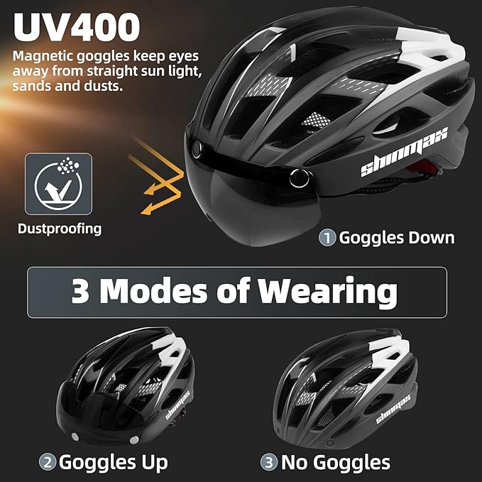 Shinmax Bike Helmet, CPSC/CPC Bike Helmet for Adult Men Women with Magnetic Goggles&Led Back Light Cycling Helmet Adjustable SM-T69