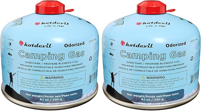 Hotdevil 230 Grams Isobutane Fuel Canister (2 packs) Camping Stove Fuel Butane Propane Blend Isobutane Fuel Canister Camping Fuel Gas Canister Suitable for All Seasons Efficient and High Output