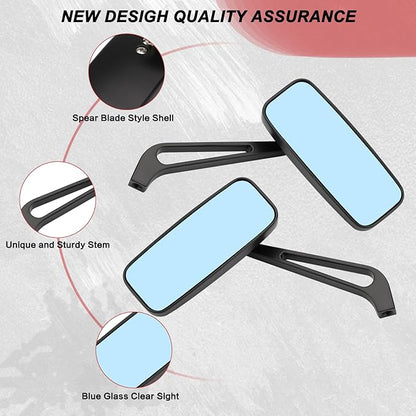 Motorcycle Rectangle Rearview Mirror 8mm 10mm Blue Lens Side Mirrors 360 Degree Black Universal Replacement for Harley Softail Touring Sportster Cruiser Street Bike Scooter Chopper