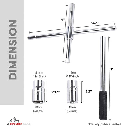 Boulder Tools 23 inch 4 Way Lug Wrench - Universal Telescopic Tire Removal Tool for Car and Truck - Portable Heavy Duty Tire Changing Tool for 19 mm and 21 mm Nuts - Durable Silver Aluminum Alloy