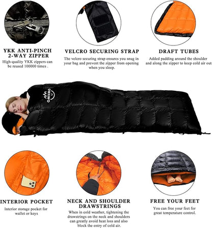 -10°F 0°F 10°F 15°F Down Sleeping Bag for Adults,800/650 Fill Power,Ultralight Wearable 4 Season Cold Weather Rectangle Sleeping Bag for Camping Hiking,Can be Used as a Down Blanket or Cloak