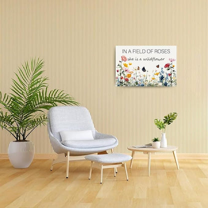 In a Field of Roses She is a Wildflower Nursery Canvas Wall Art Decor for Baby Girl Room Pink Toddler Poster Children's Floral Boho Bedroom Framed 16 * 24 Inch