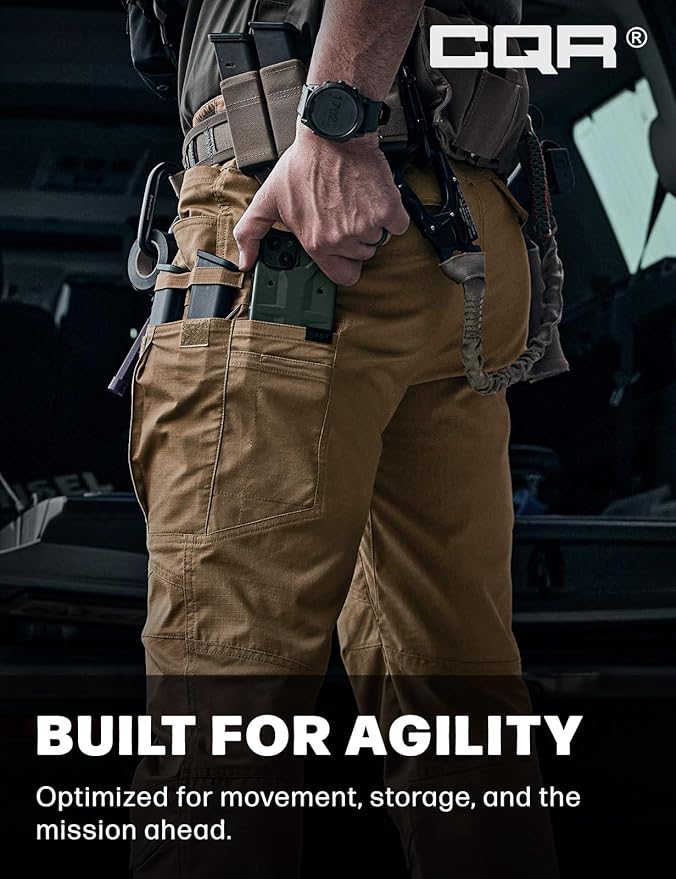 CQR Men's Flex Stretch Tactical Pants, Water Resistant Ripstop Cargo Pants, Lightweight EDC Outdoor Work Hiking Pants