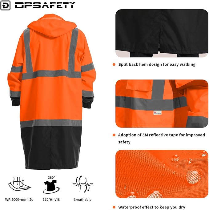 Hi Vis Rain Jacket with 3M Reflective Stripe,High Visibility Class 3 Rain coats,Safety Waterproof Rain Suits for Men with Hood and 2 Large Pockets construction work rain gear(Orange L)