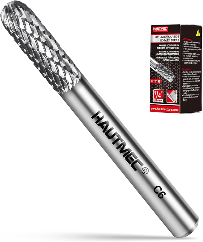 HAUTMEC Tungsten Carbide Rotary Burr Bit – 1/4" Shank, Double Cut Tungsten Rotary File for Die Grinder, Professional Grade, Suit for Metal Carving, Grinding, Engraving & Deburring - HT0198