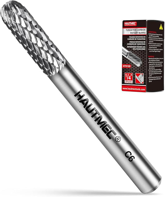 HAUTMEC Tungsten Carbide Rotary Burr Bit – 1/4" Shank, Double Cut Tungsten Rotary File for Die Grinder, Professional Grade, Suit for Metal Carving, Grinding, Engraving & Deburring - HT0198