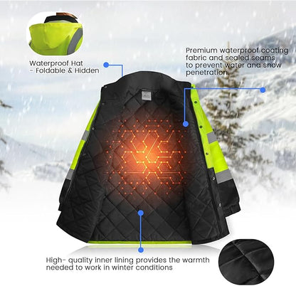 Hi Vis Jackets for Men, Safety Jackets for Men& Women, Reflective Coat with Pockets for Cold Weather, Waterproof High Vis Rain Coat, Class 3, Yellow-Black Long, XL