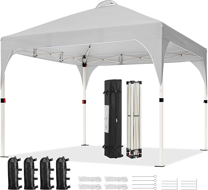 Yaheetech 10x10 Pop Up Canopy Tent with Vent, Easy Set Up Tent, Instant Sun Shelter Canopy with Wheeled Bag, 4 Sandbags, 12 Stakes & 4 Ropes, for Parties, Beach, Outdoor, Light Gray