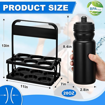 Suclain 28 Pcs Water Bottle Carrier with 20 Oz Bottles and Stickers Plastic Wide Mouth Sports Water Bottle Squeeze Team Bottles with Black Lid for Fitness Bike Gym (Black)