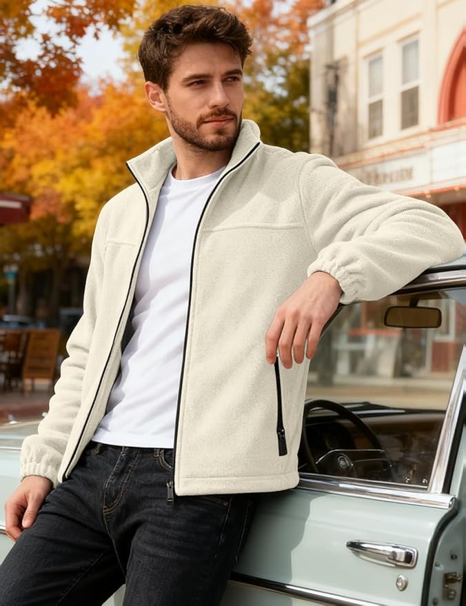 Mens Polar Fleece Jacket Full Zip Lightweight Casual Outdoor Jackets Stand Collar Warm Coats with Pockets