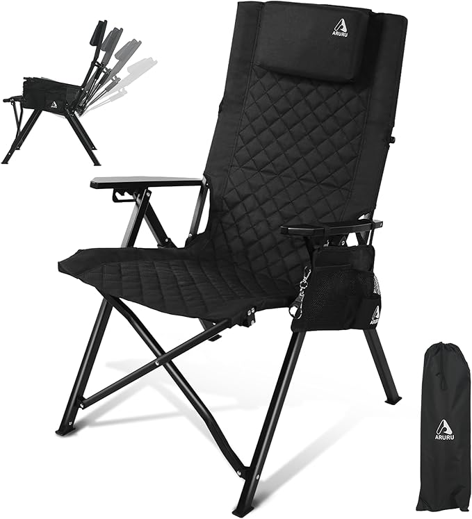 Reclining Camping Chair, Heavy Duty Folding Chairs with 4-Stage Adjustable High Back for Adults, Compact Foldable Outdoor Patio Reclining Chair with Storage Bag (Black, 1 Pack)