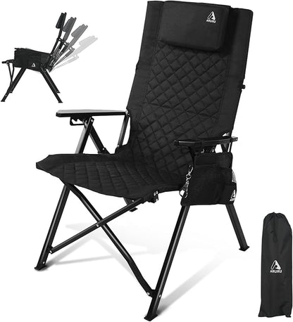 Reclining Camping Chair, Heavy Duty Folding Chairs with 4-Stage Adjustable High Back for Adults, Compact Foldable Outdoor Patio Reclining Chair with Storage Bag (Black, 1 Pack)