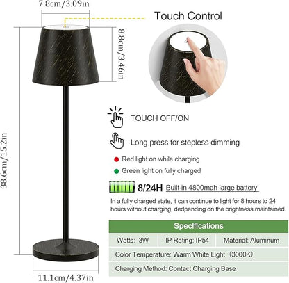 Ralaby IP54 Cordless Table Lamps Portable Rechargeable Battery Operated Lamp Aluminum Dimmable Indoor/Outdoor Cordless Lamp, Desk Lamp for/Restaurant/Camping/Bedroom (2 Pack,Black Brush Gold,4800mAh)