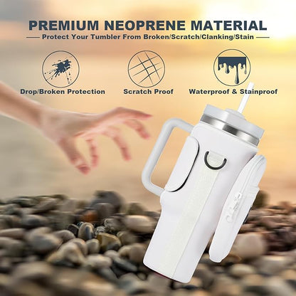 Water Bottle Carrier Bag with Phone Pocket for Stanley 40 & 30 oz Tumbler with Handle,Pink Insulated Neoprene Cup Holder Pouch w/Adjustable Strap for Quencher H2.0 Stanley Cup Accessories