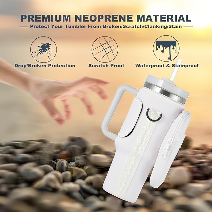 Water Bottle Carrier Bag with Phone Pocket for Stanley 40 & 30 oz Tumbler with Handle,Pink Insulated Neoprene Cup Holder Pouch w/Adjustable Strap for Quencher H2.0 Stanley Cup Accessories