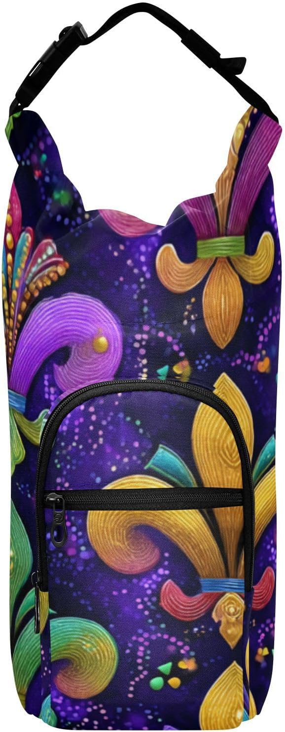 Pik Purple Mardi Gras Pattern Water Bottle Holder with Strap Insulated Water Bottle Carrier Crossbody Bags Pouch with Phone Pocket for Travel Gym Hiking Walking Running