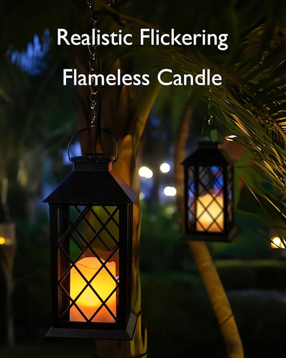 Homemory Solar Lanterns Outdoor Waterproof Hanging with Flickering Flameless Candles, 2 Pack 13'' Garden Outdoor Lantern Decorative for Patio Front Porch Backyard Balcony Cabin Outside Table(Black)