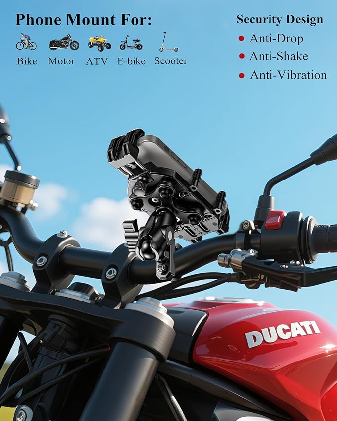 BRCOVAN Motorcycle Phone Mount Holder with Vibration Dampener & High-Speed Secure Lock, Adjustable Handlebar Cellphone Clamp for Bike Bicycle Scooter ATV, Fit 5.4-7.2'' Smartphone, Big Phone Friendly