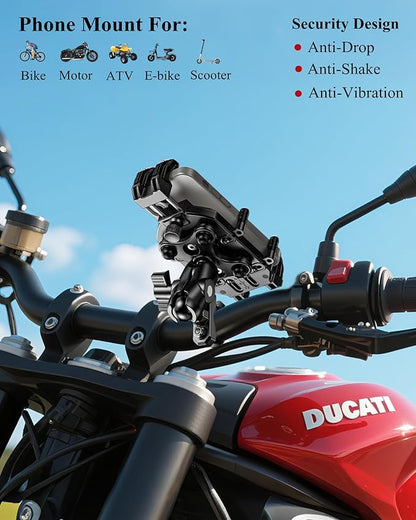 BRCOVAN Motorcycle Phone Mount Holder with Vibration Dampener & High-Speed Secure Lock, Adjustable Handlebar Cellphone Clamp for Bike Bicycle Scooter ATV, Fit 5.4-7.2'' Smartphone, Big Phone Friendly