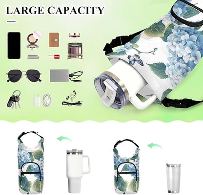 Blue Hydrangea Butterfly Water Bottle Holder with Strap Insulated Water Bottle Carrier Crossbody Bags Pouch with Phone Pocket for Travel Gym Hiking Walking Running
