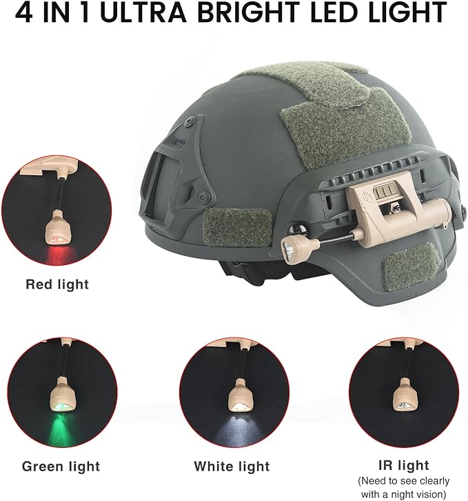 Tactical Helmet Light, IR Red Green White 4 in 1 LED Outdoor Survival Signal Lamp, with 2 Replaceable Helmets Accessories for Hunting Training