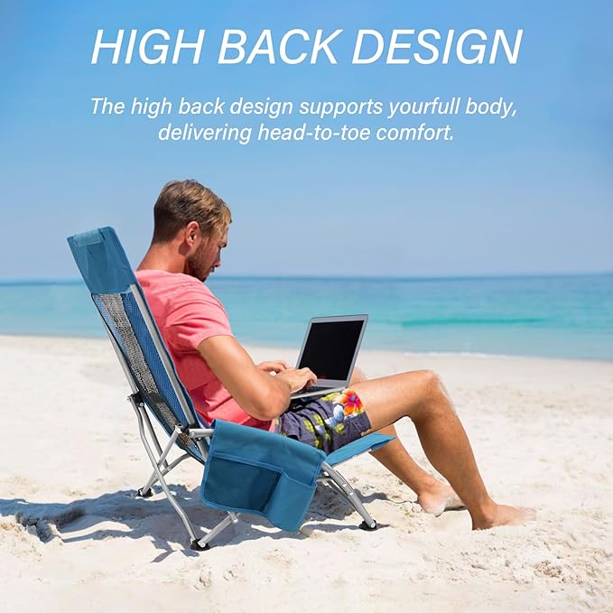 PLKO High Back Beach Chair,Protable Reclining Beach Chair,Beach Chairs for Adults 2pack with Carry Bag,Cup Holder and Padded Armrest for Beach, Travel, Picnic, Festival(Blue)