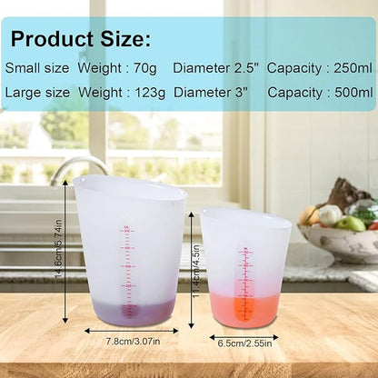 Silicone Measuring Cups, 500ml & 250ml Large Flexible Mixing Cups, 2 Cups Pour Baking Cups for Epoxy Resin, DIY, Jewelry Making, Cooking