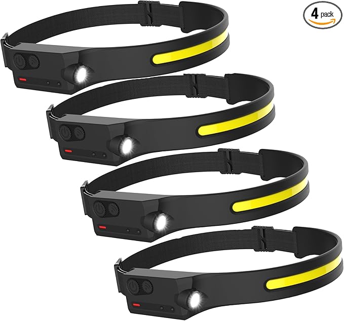 Pristar Rechargeable LED Headlamp with 230° Beam 5 Modes Head Lamp LED with Motion Sensor 350 Lumen Lightweight Head Light Flashlight for Outdoor Camping Hiking Running Travel, Pack of 4 Headlight
