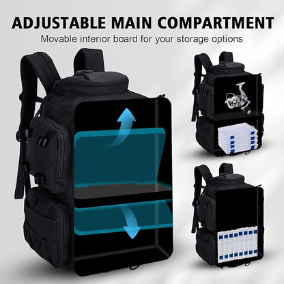 Goture Fishing Backpack,900D Water-Resistant Tackle Backpack with Rod Holders,45L Large Fishing Bag Storage Gear Tackle Bag with Rain Cover,Bottle Holder for Travel Camping Hiking(Without Tackle Box)