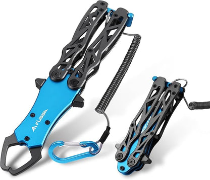 FLISSA Folding Fish Gripper with Lanyard, Lightweight Aluminum Fish Grabber, Portable Fish Lip Gripper Holder for Saltwater and Freshwater Fishing