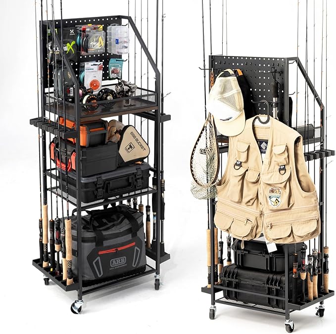 SOYEEZE Fishing Rod Holders for Garage, 3-Tier Fishing Pole Rack with Pegboard and Metal Mesh Fence, Fishing Gear Organizer with Hooks Up to 12 Rods, Rolling Fishing Storage Cart with Lockable Wheels