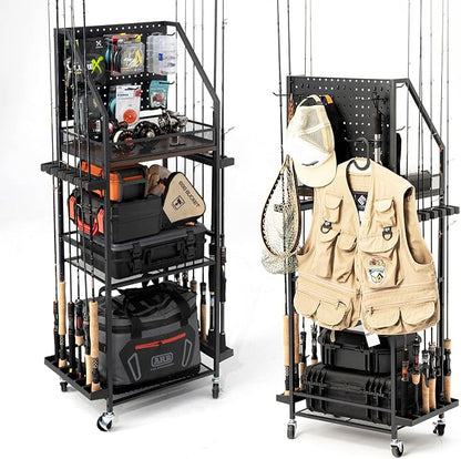 SOYEEZE Fishing Rod Holders for Garage, 3-Tier Fishing Pole Rack with Pegboard and Metal Mesh Fence, Fishing Gear Organizer with Hooks Up to 12 Rods, Rolling Fishing Storage Cart with Lockable Wheels