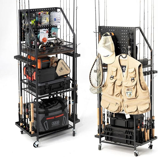 SOYEEZE Fishing Rod Holders for Garage, 3-Tier Fishing Pole Rack with Pegboard and Metal Mesh Fence, Fishing Gear Organizer with Hooks Up to 12 Rods, Rolling Fishing Storage Cart with Lockable Wheels