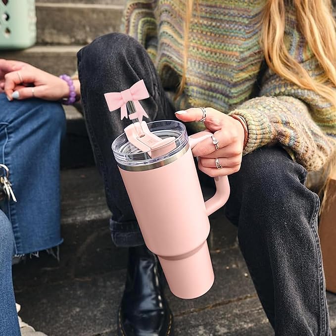 4Pcs Silicone Straw Toppers Covers for Stanley Cups 40/30oz 10mm(0.4in) Cream Dust-Proof Bow Straw Covers Toppers Flash Pink Suitbale for Stanley Cup Accessories Reusable Straws Caps