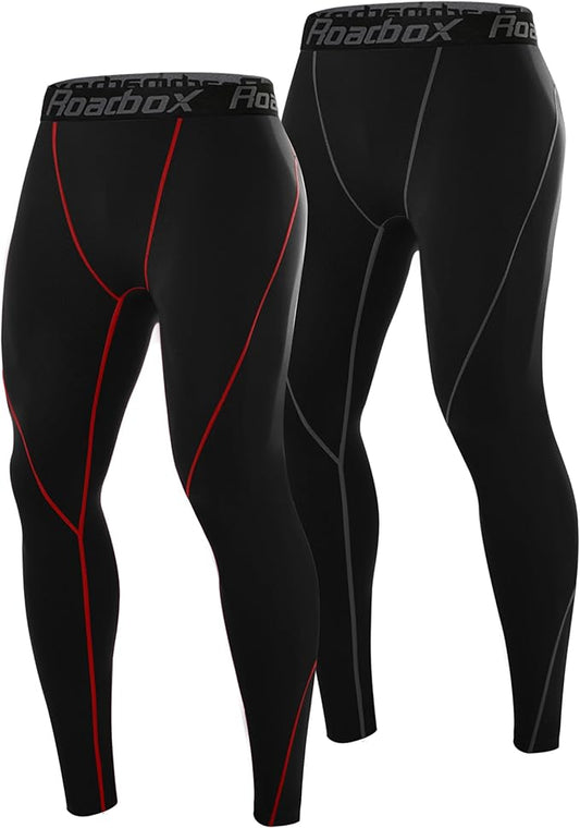Roadbox 2 Pack Men's Compression Pants, Quick Dry Running Tights Workout Leggings, Athletic Base Layer for Gym Football Yoga