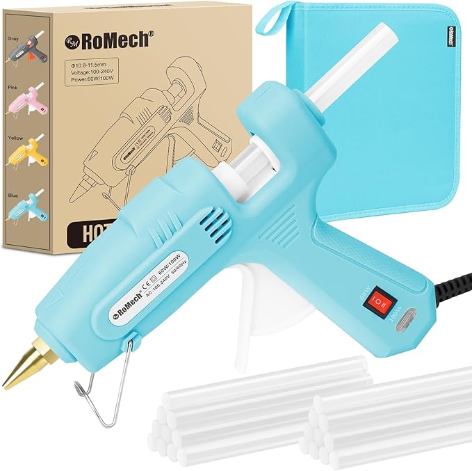 ROMECH Full Size Hot Glue Gun with 60/100W Dual Power and 21 Hot Glue Sticks (7/16"), Fast Preheating Heavy Duty Industrial Gluegun with Storage Case for Crafting, DIY and Repairs (Cyan)