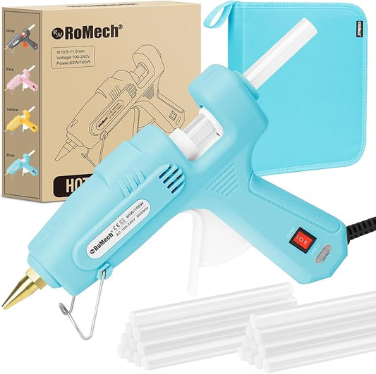 ROMECH Full Size Hot Glue Gun with 60/100W Dual Power and 21 Hot Glue Sticks (7/16"), Fast Preheating Heavy Duty Industrial Gluegun with Storage Case for Crafting, DIY and Repairs (Cyan)