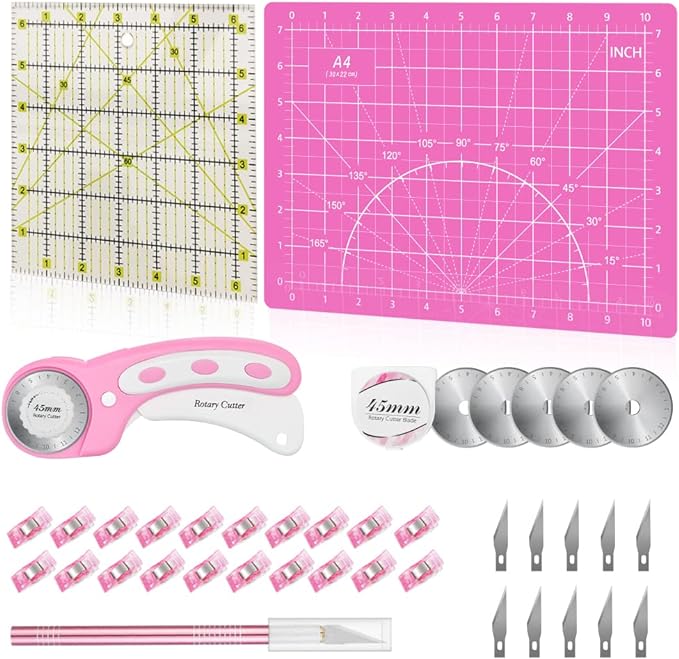 39 Pcs Rotary Cutter Set Pink - Quilting Kit incl. 45mm Fabric Cutter with 5 Extra Blades, A4 Cutting Mat, Craft Knife Set, Quilting Ruler and Sewing Clips, Ideal for Crafting, Sewing, Patchworking