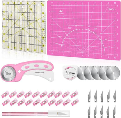 39 Pcs Rotary Cutter Set Pink - Quilting Kit incl. 45mm Fabric Cutter with 5 Extra Blades, A4 Cutting Mat, Craft Knife Set, Quilting Ruler and Sewing Clips, Ideal for Crafting, Sewing, Patchworking