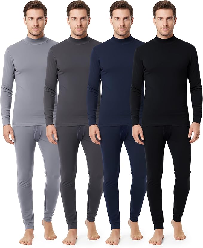 Jecery 4 Set Winter Thermal Underwear for Men Warm Base Layer Men Cold Weather Windproof Cotton Bottom Top Shirt Pants